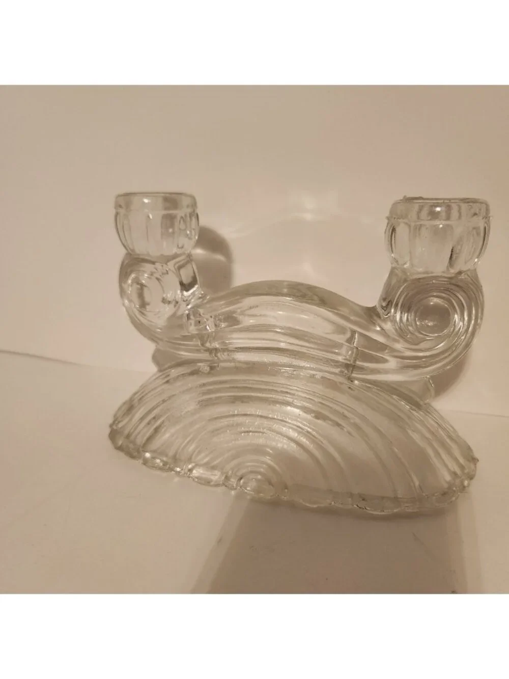 Vintage Art Deco Clear‎ Glass Double Taper Candle Holder Ribbed Fan Base 1940